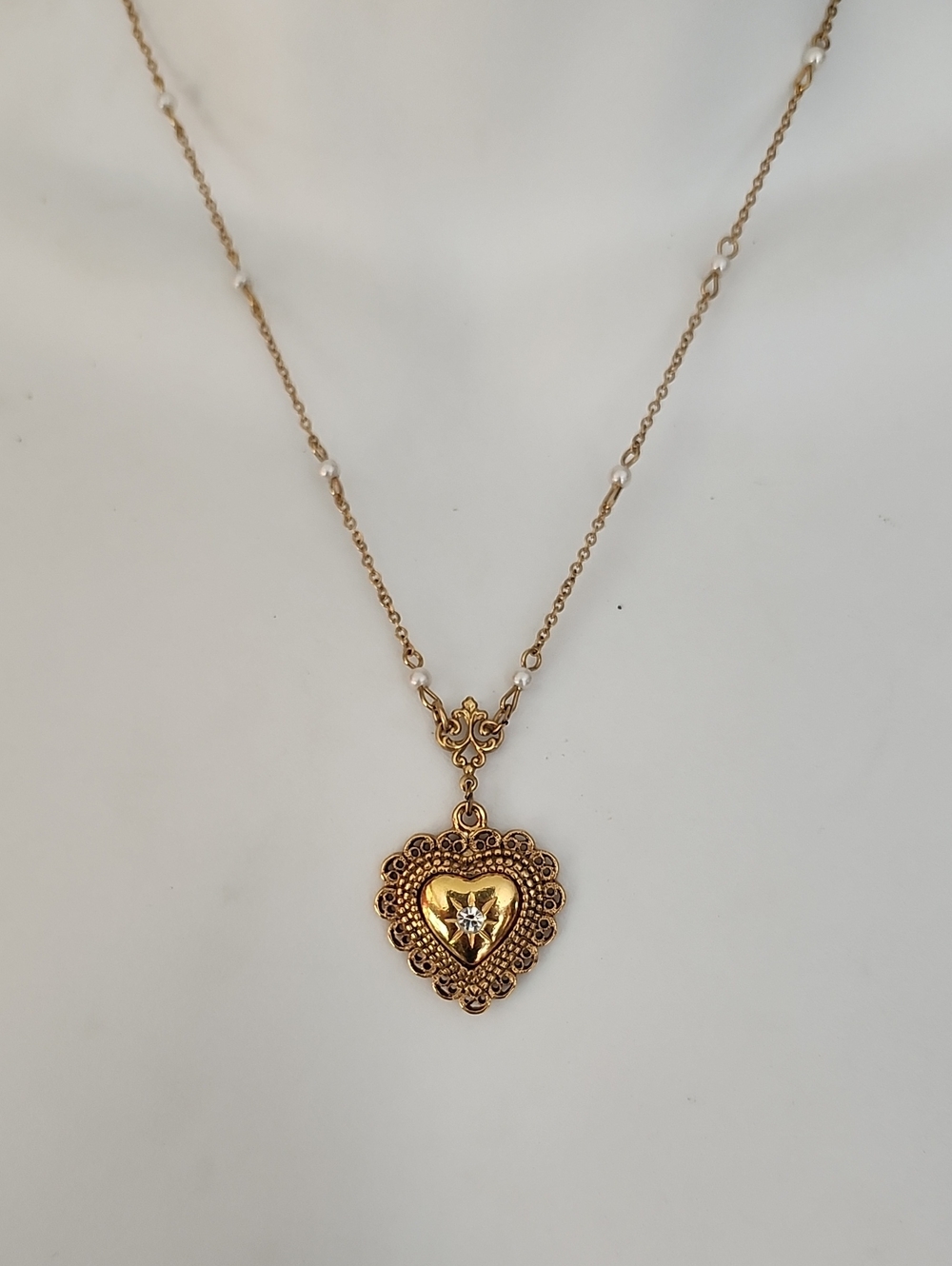 1928 Gold Tone Heart Pendant Necklace with Pearl Accents